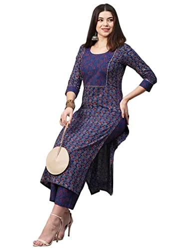 ANNI DESIGNER Women's Cotton Blend Printed Straight Kurta with Pant (Punya Blue_L_Blue_Large)