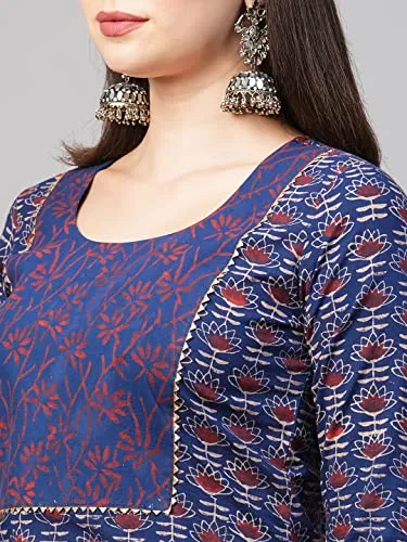 ANNI DESIGNER Women's Cotton Blend Printed Straight Kurta with Pant (Punya Blue_L_Blue_Large)