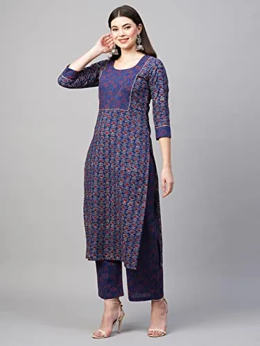 ANNI DESIGNER Women's Cotton Blend Printed Straight Kurta with Pant (Punya Blue_L_Blue_Large)