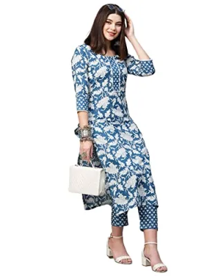 ANNI DESIGNER Women's Cotton Blend Printed Straight Kurta with Pant (Pustak Blue-Nw_XL_White/Blue_X-Large)