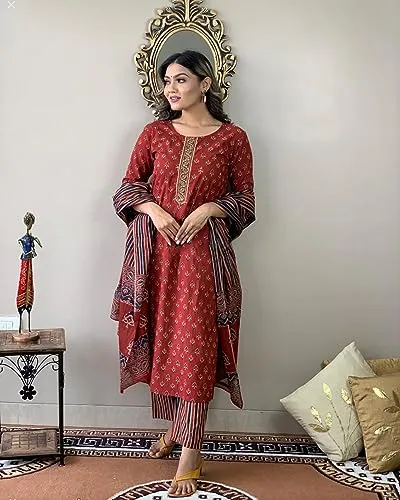 ANNI DESIGNER Women's Cotton Blend Straight Printed Kurta with Pant & Dupatta (Sahdev-Red_S_Red_Small)