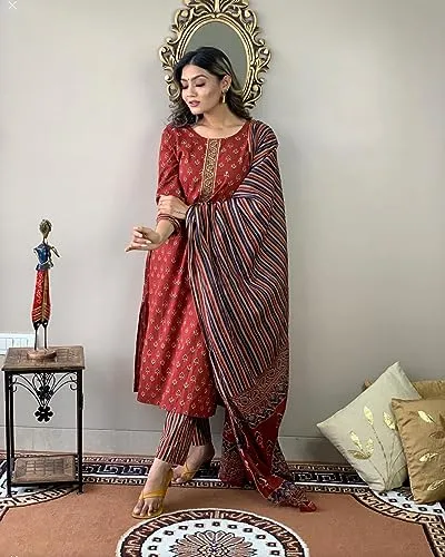 ANNI DESIGNER Women's Cotton Blend Straight Printed Kurta with Pant & Dupatta (Sahdev-Red_S_Red_Small)