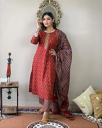 ANNI DESIGNER Women's Cotton Blend Straight Printed Kurta with Pant & Dupatta (Sahdev-Red_S_Red_Small)