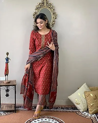 ANNI DESIGNER Women's Cotton Blend Straight Printed Kurta with Pant & Dupatta (Sahdev-Red_S_Red_Small)