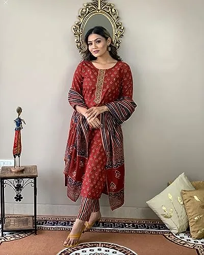 ANNI DESIGNER Women's Cotton Blend Straight Printed Kurta with Pant & Dupatta (Sahdev-Red_S_Red_Small)