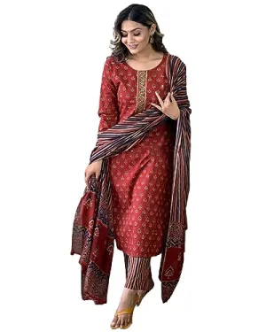 ANNI DESIGNER Women's Cotton Blend Straight Printed Kurta with Pant & Dupatta (Sahdev-Red_S_Red_Small)