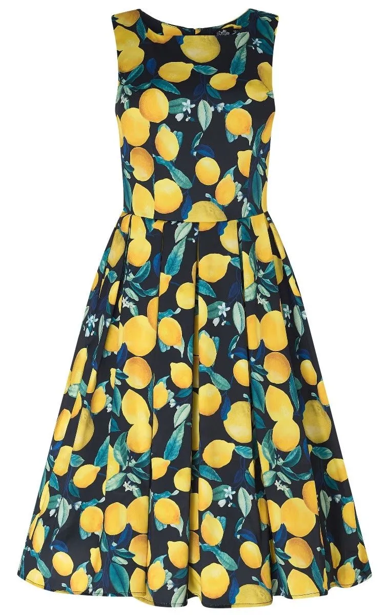 Annie Black Retro Swing Dress with Yellow Lemon Print