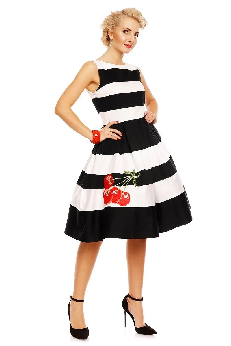 Annie Embroidered Cherry Stripe Swing Dress in Black