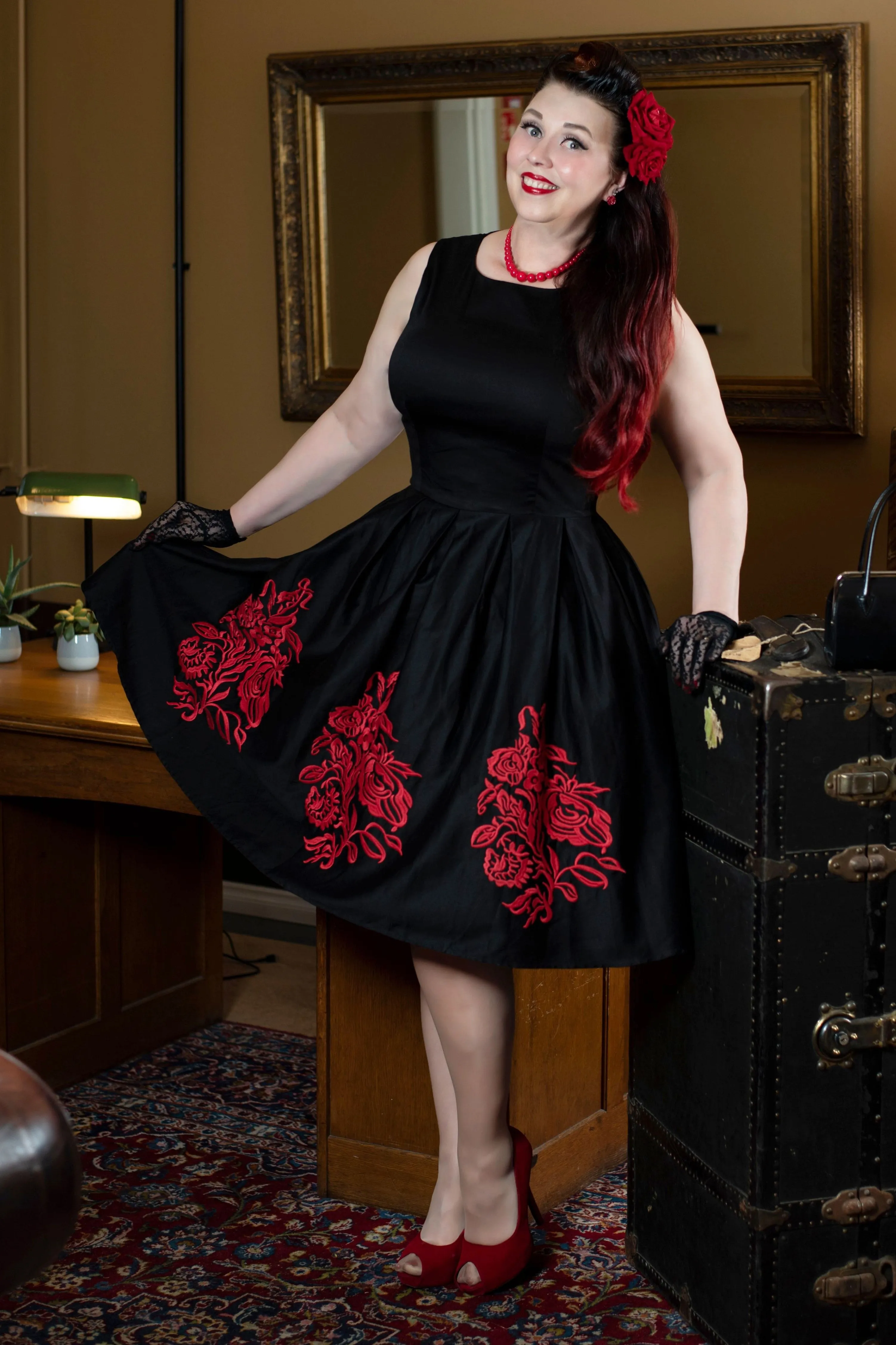 Annie Embroidered Roses Swing Dress in Black-Red