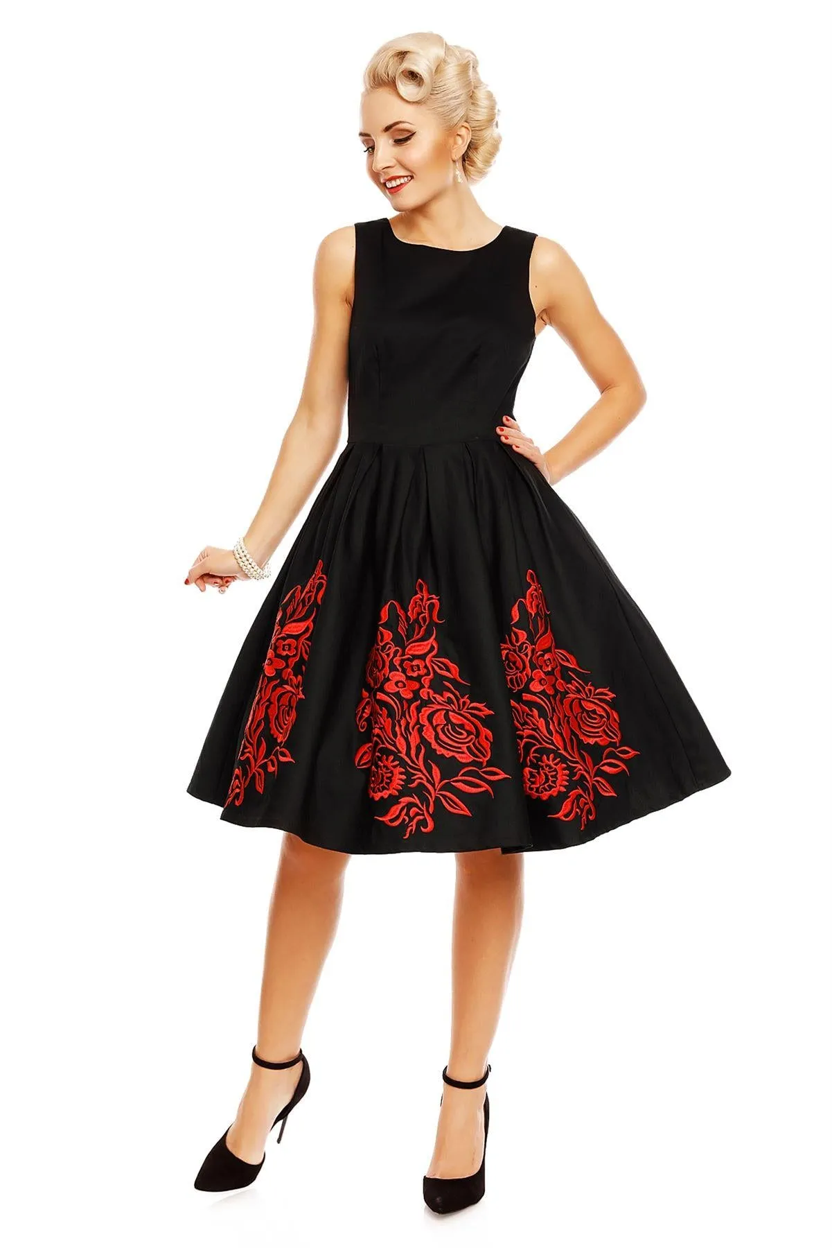 Annie Embroidered Roses Swing Dress in Black-Red