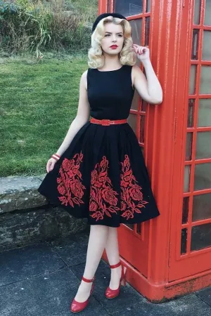 Annie Embroidered Roses Swing Dress in Black-Red