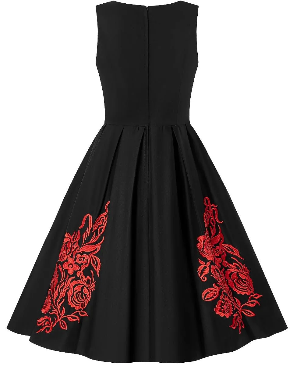 Annie Embroidered Roses Swing Dress in Black-Red