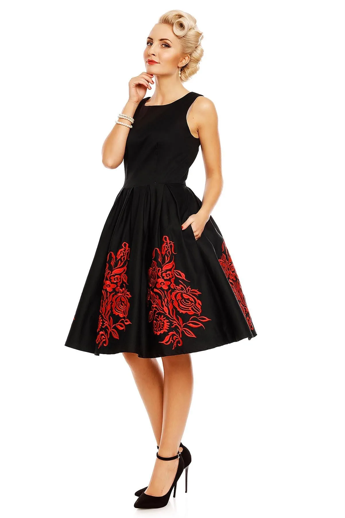 Annie Embroidered Roses Swing Dress in Black-Red