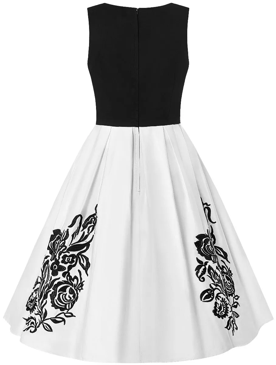 Annie Embroidered Roses Swing Dress in Black-White