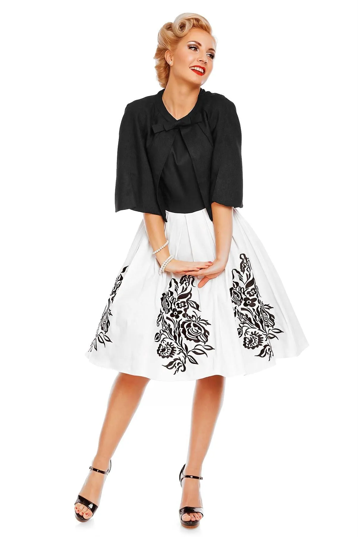 Annie Embroidered Roses Swing Dress in Black-White