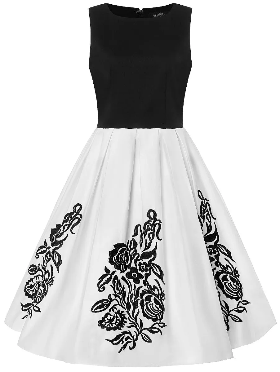 Annie Embroidered Roses Swing Dress in Black-White