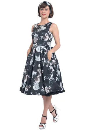 Annie Raising Floral Swing Dress in Black with White Roses