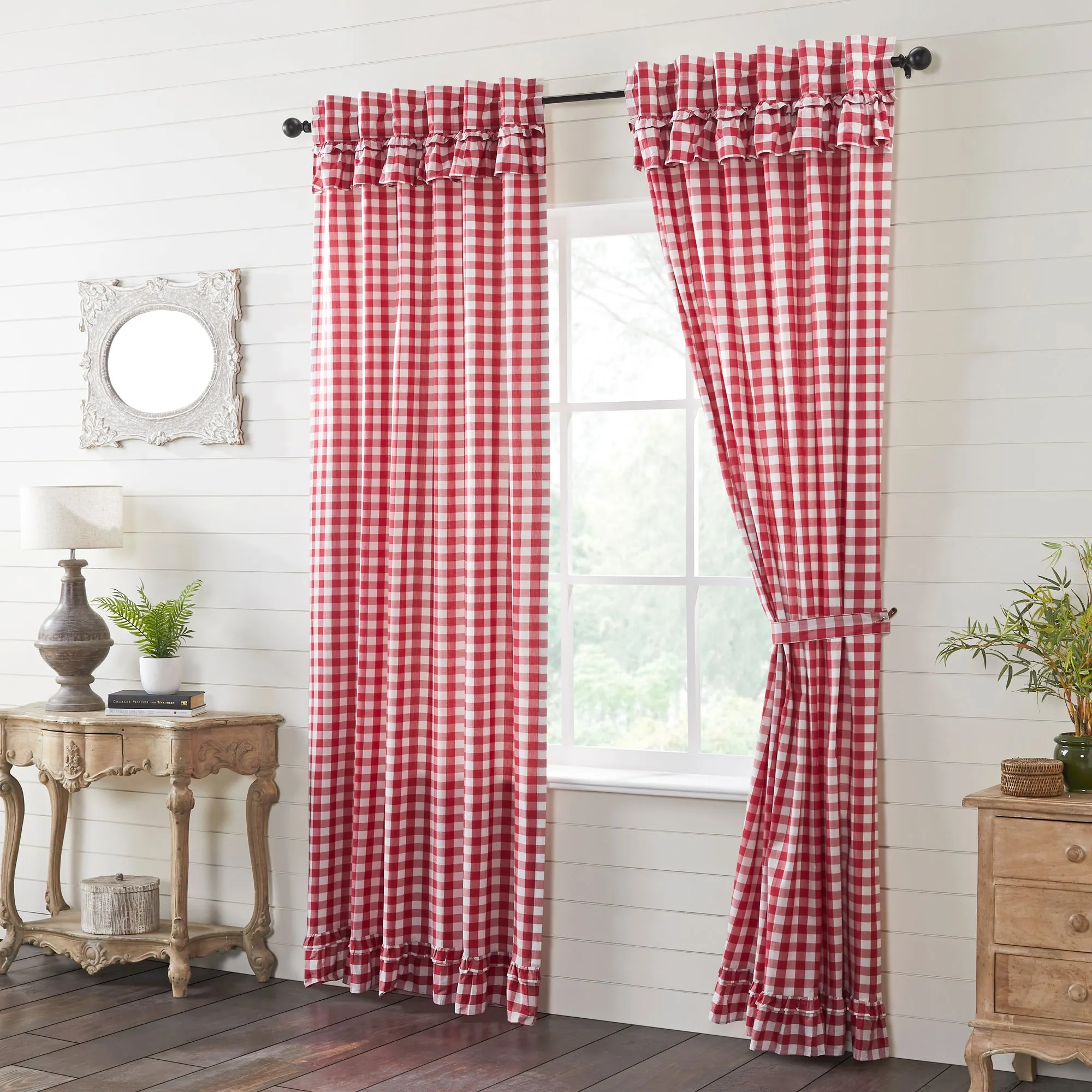 Annie Red Buffalo Check Ruffled Lined Panel Curtains 96"