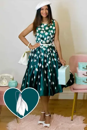 Annie Retro Flared Dress in Myrtle Green with Snowdrop Tulip Print