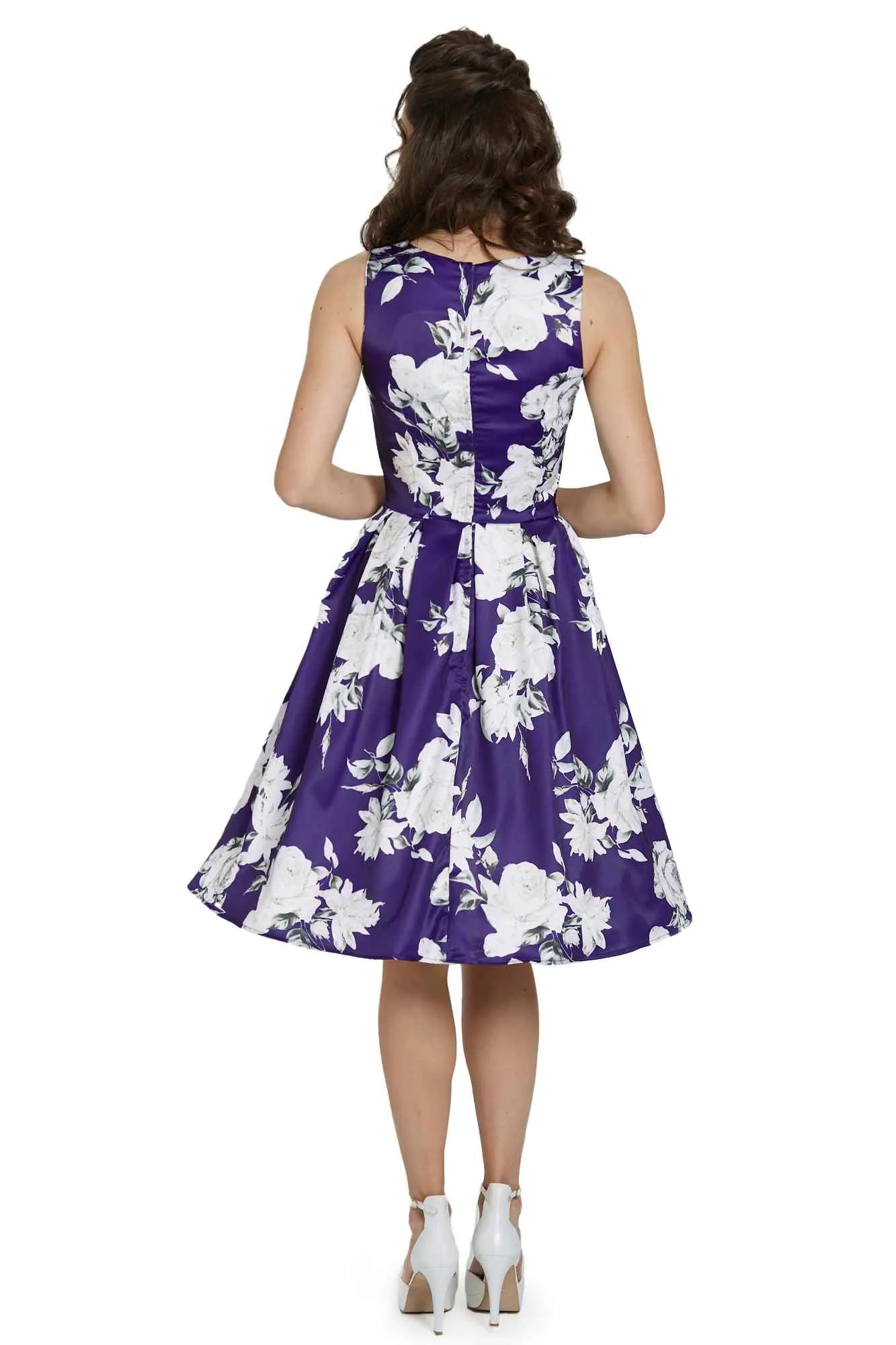 Annie Retro White Navy Rose Swing Dress