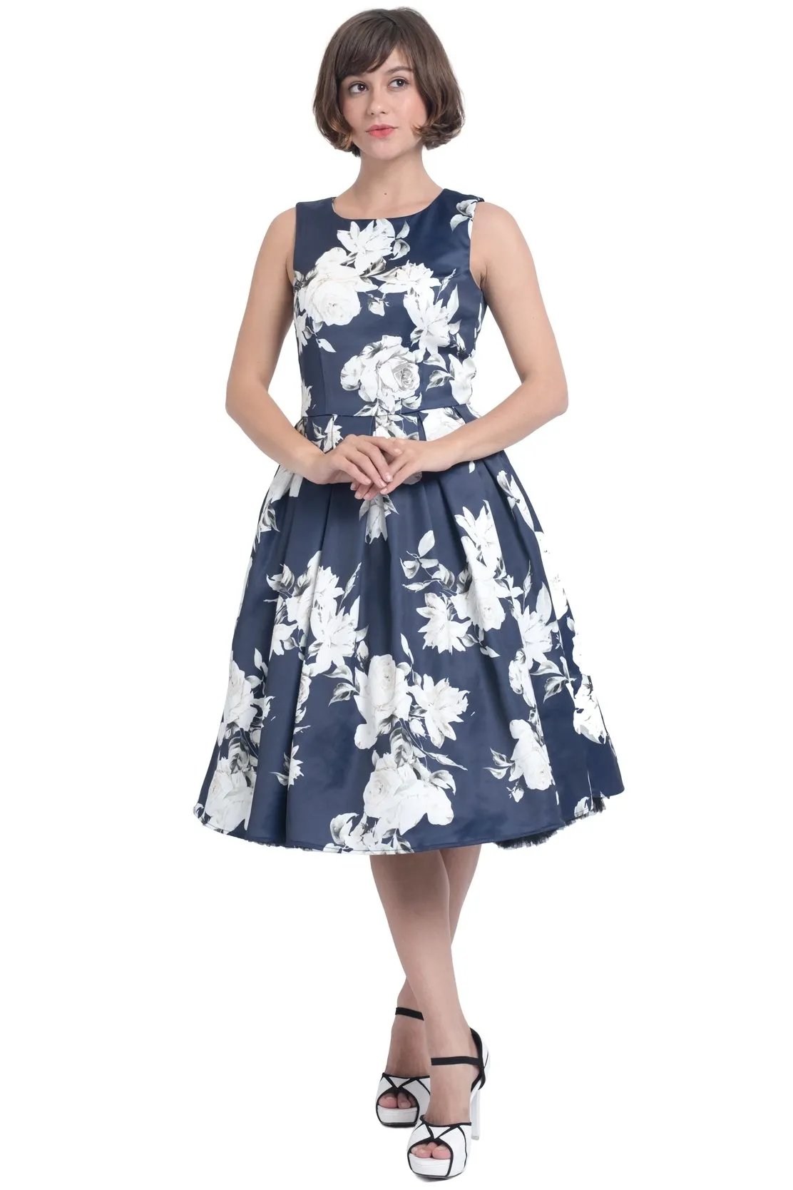 Annie Retro White Navy Rose Swing Dress