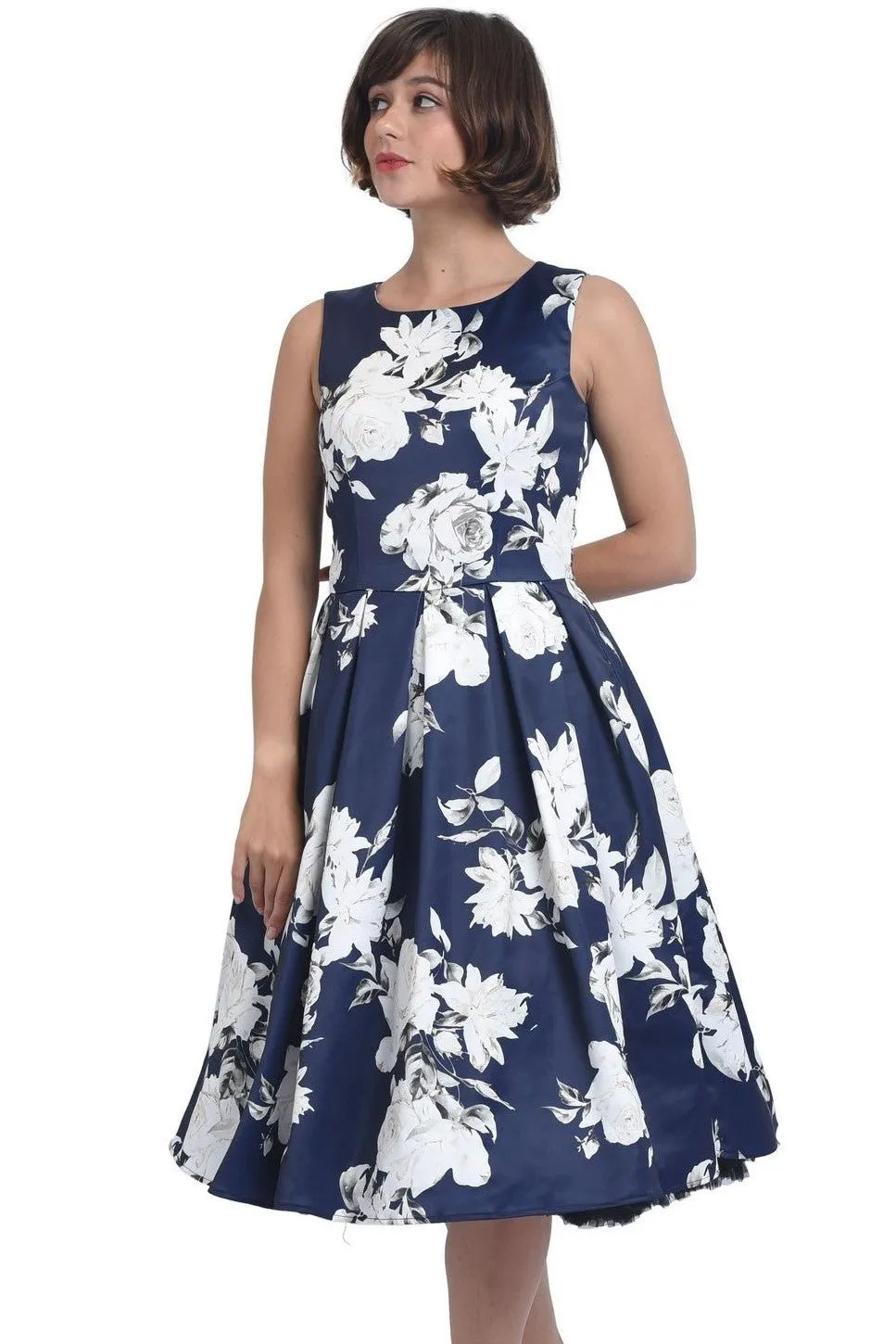 Annie Retro White Navy Rose Swing Dress