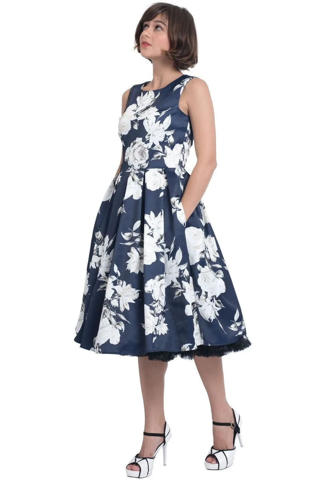 Annie Retro White Navy Rose Swing Dress