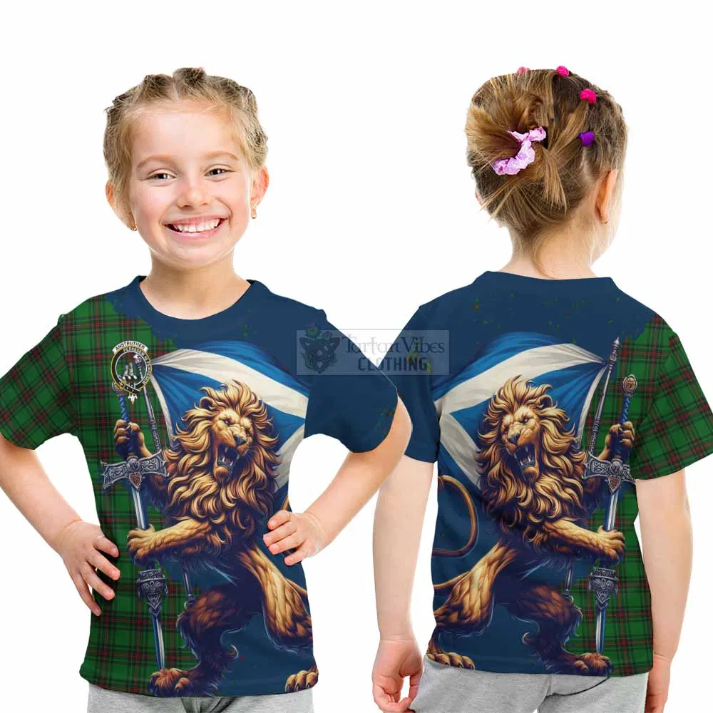 Anstruther Tartan Family Crest Kid T-Shirt with Scottish Majestic Lion