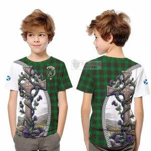 Anstruther Tartan Kid T-Shirt with Family Crest and St. Andrew's Cross Accented by Thistle Vines