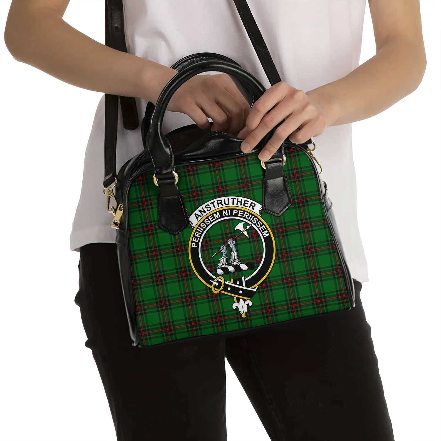 Anstruther Tartan Shoulder Handbags with Family Crest