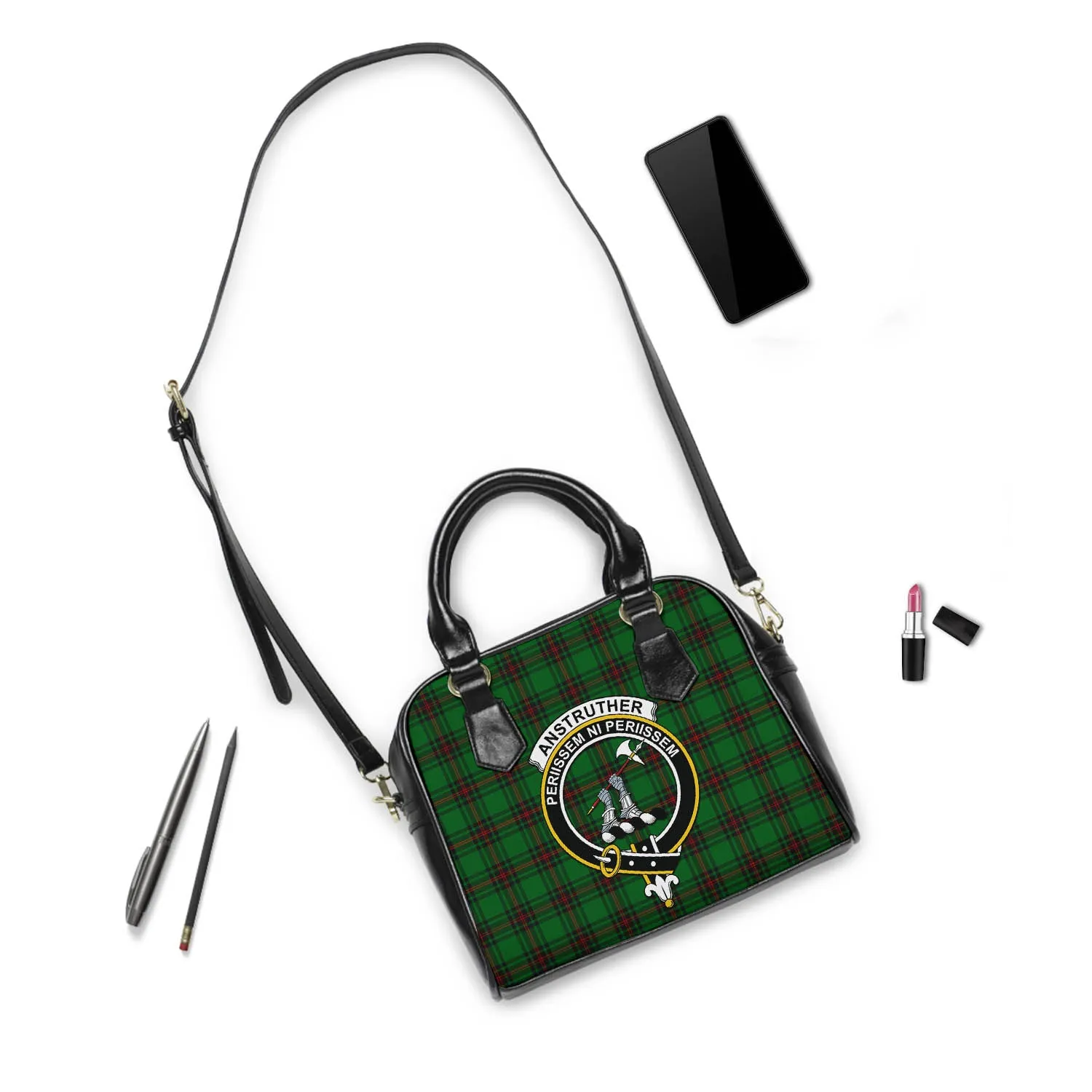 Anstruther Tartan Shoulder Handbags with Family Crest