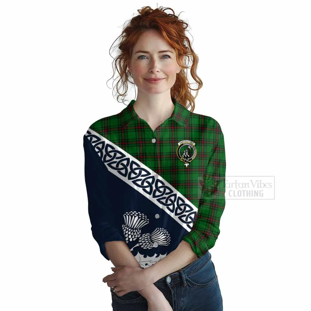 Anstruther Tartan Women's Casual Shirt Featuring Thistle and Scotland Map