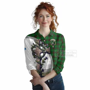 Anstruther Tartan Women's Casual Shirt with Family Crest and St. Andrew's Cross Accented by Thistle Vines