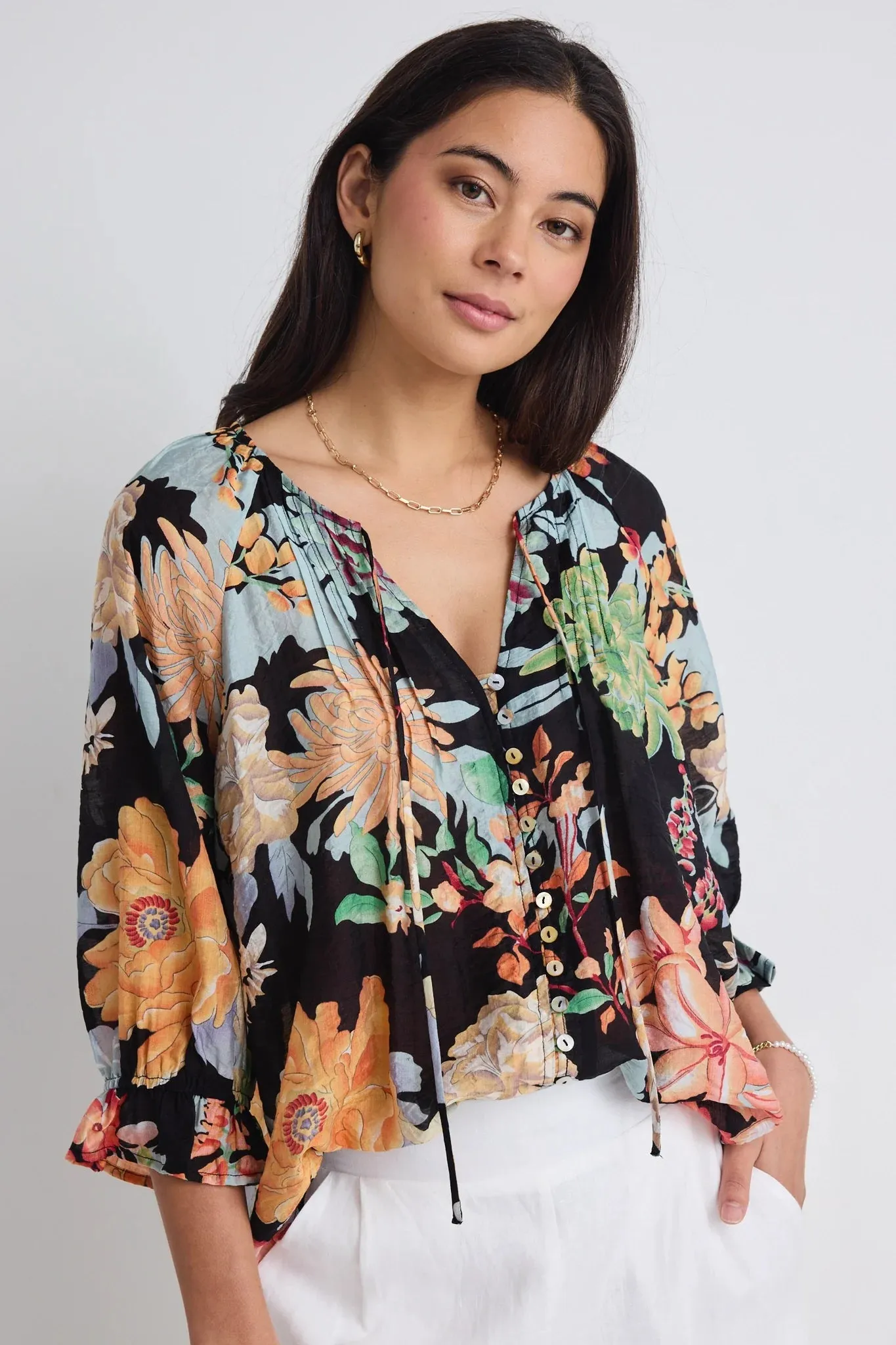 Antic Tropical Black Button Front Blouse - Tropical Black