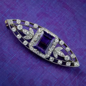 Antique Art Deco Amethyst Diamond Brooch 3.8ct Amethyst