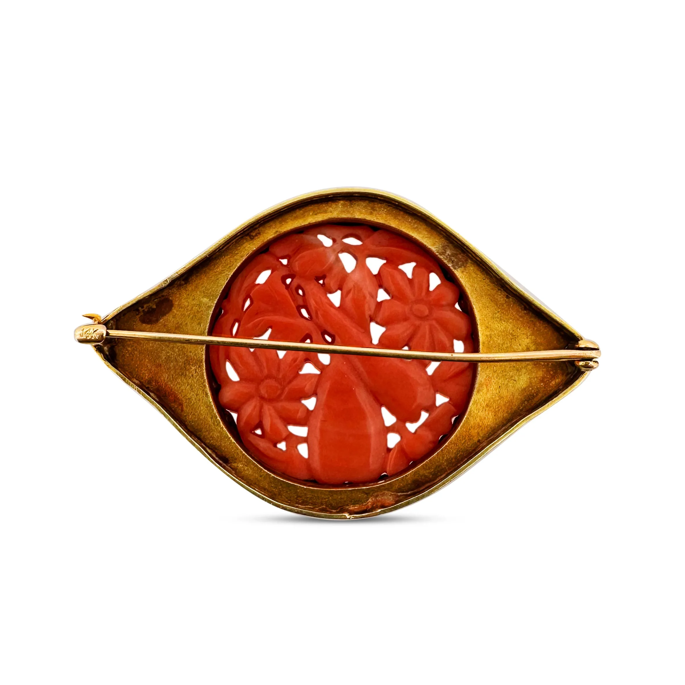 Antique Carved Coral and Enamel Brooch in 14k Yellow Gold