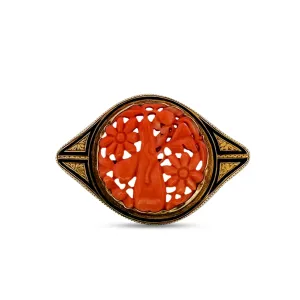 Antique Carved Coral and Enamel Brooch in 14k Yellow Gold