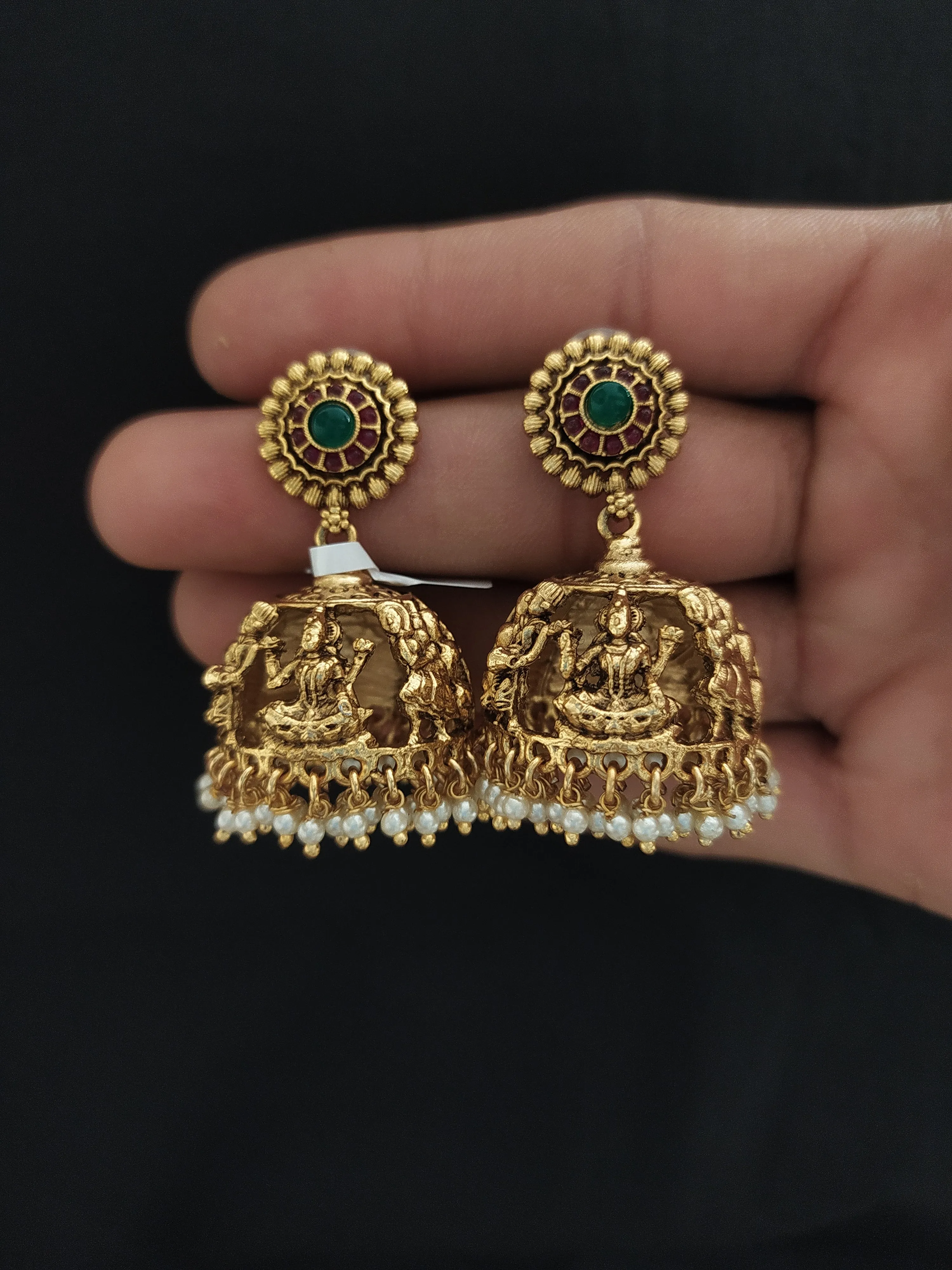 Antique Designer Lakshmi Jhumki with Pearl Drops