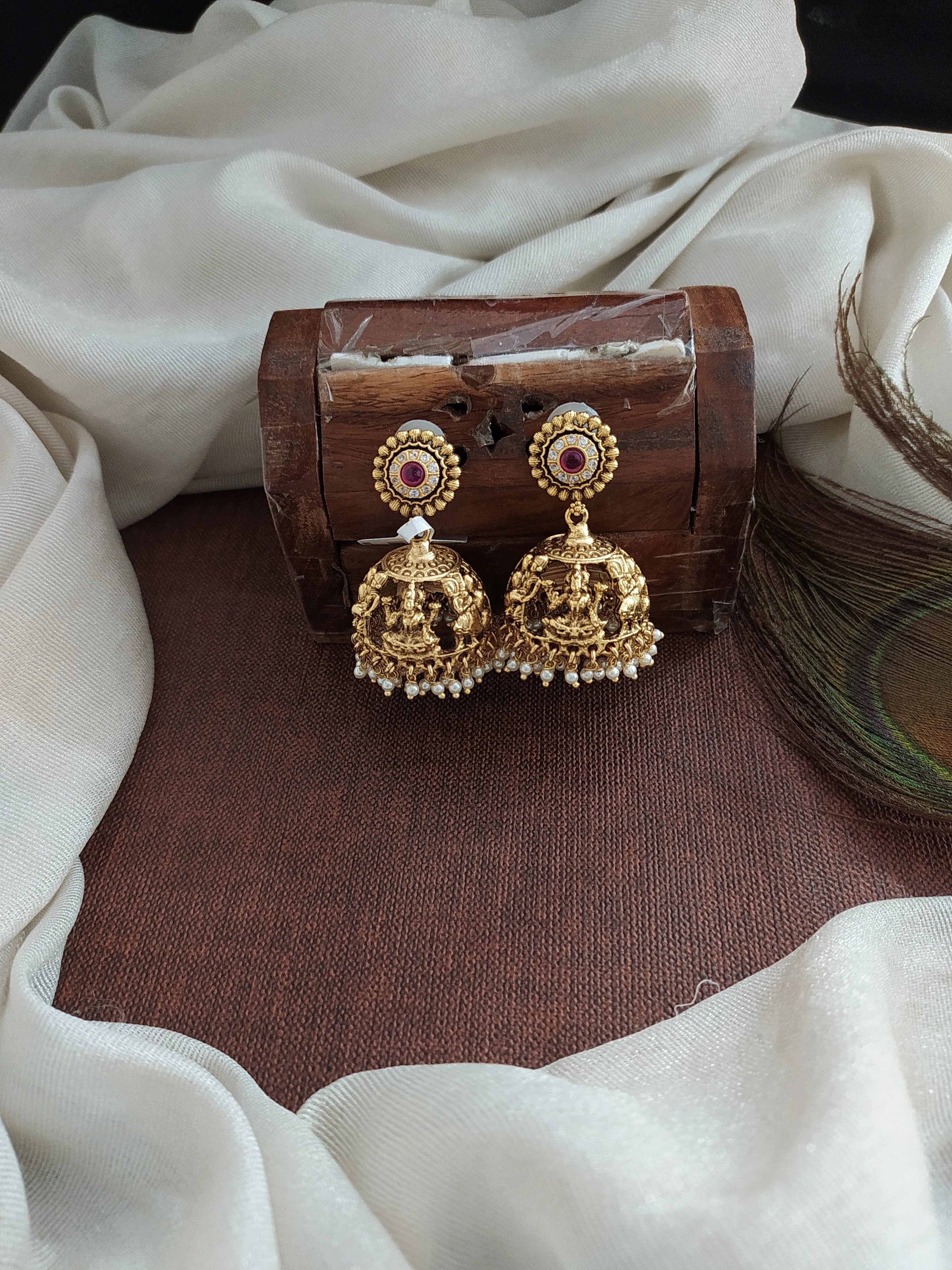 Antique Designer Lakshmi Jhumki with Pearl Drops