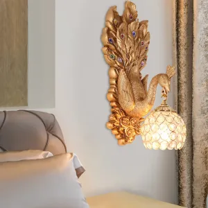 Antique Dome Crystal Wall Light: Bedroom Sconce Lamp with Peacock Backplate (Blue/Gold/White)