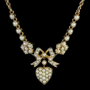 Antique Edwardian Pearl Heart Necklace Silver 15Ct Gold Circa 1910