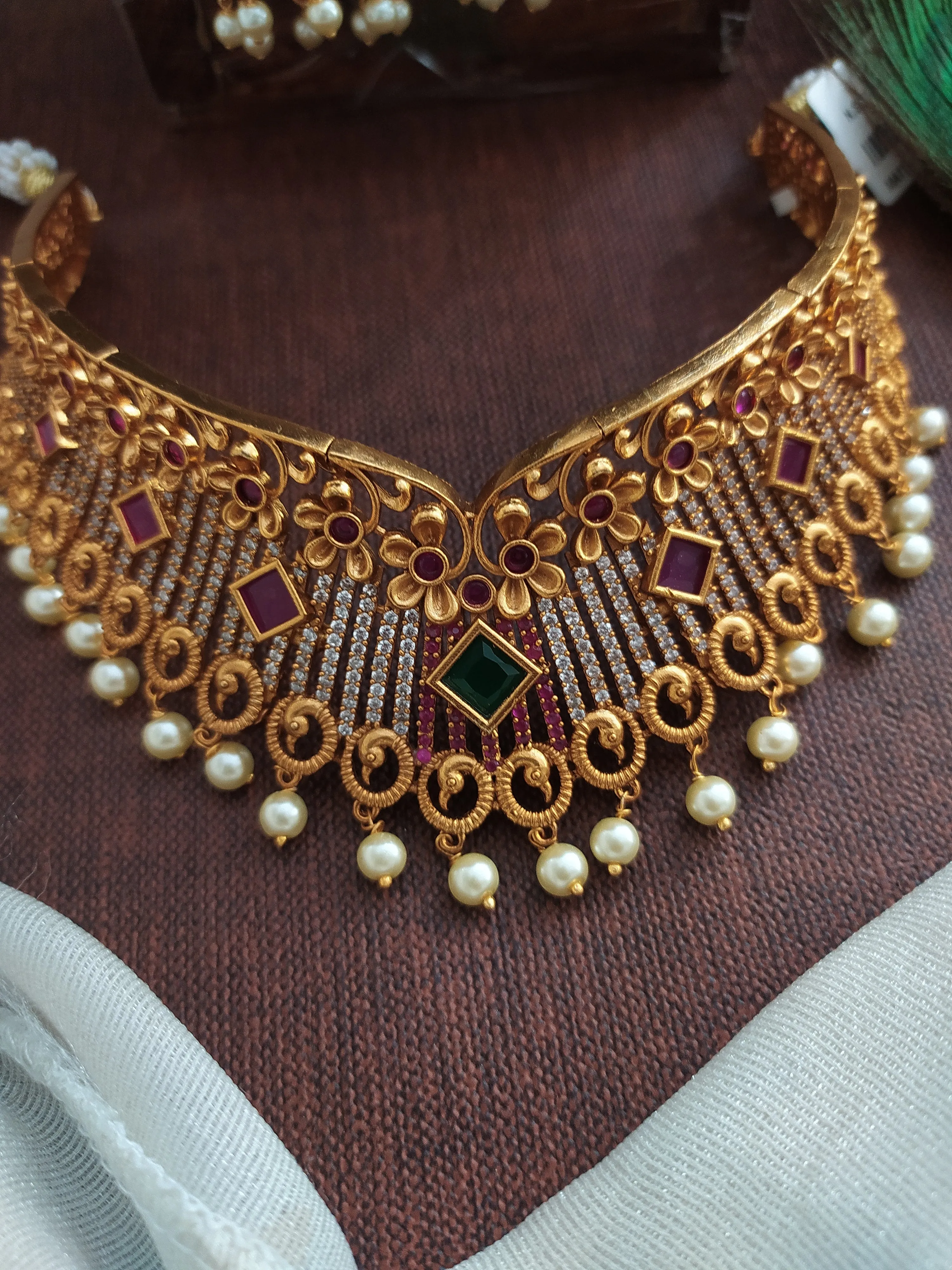 Antique Floral Zircon Choker Set with Matching Jhumki & Pearl Drops