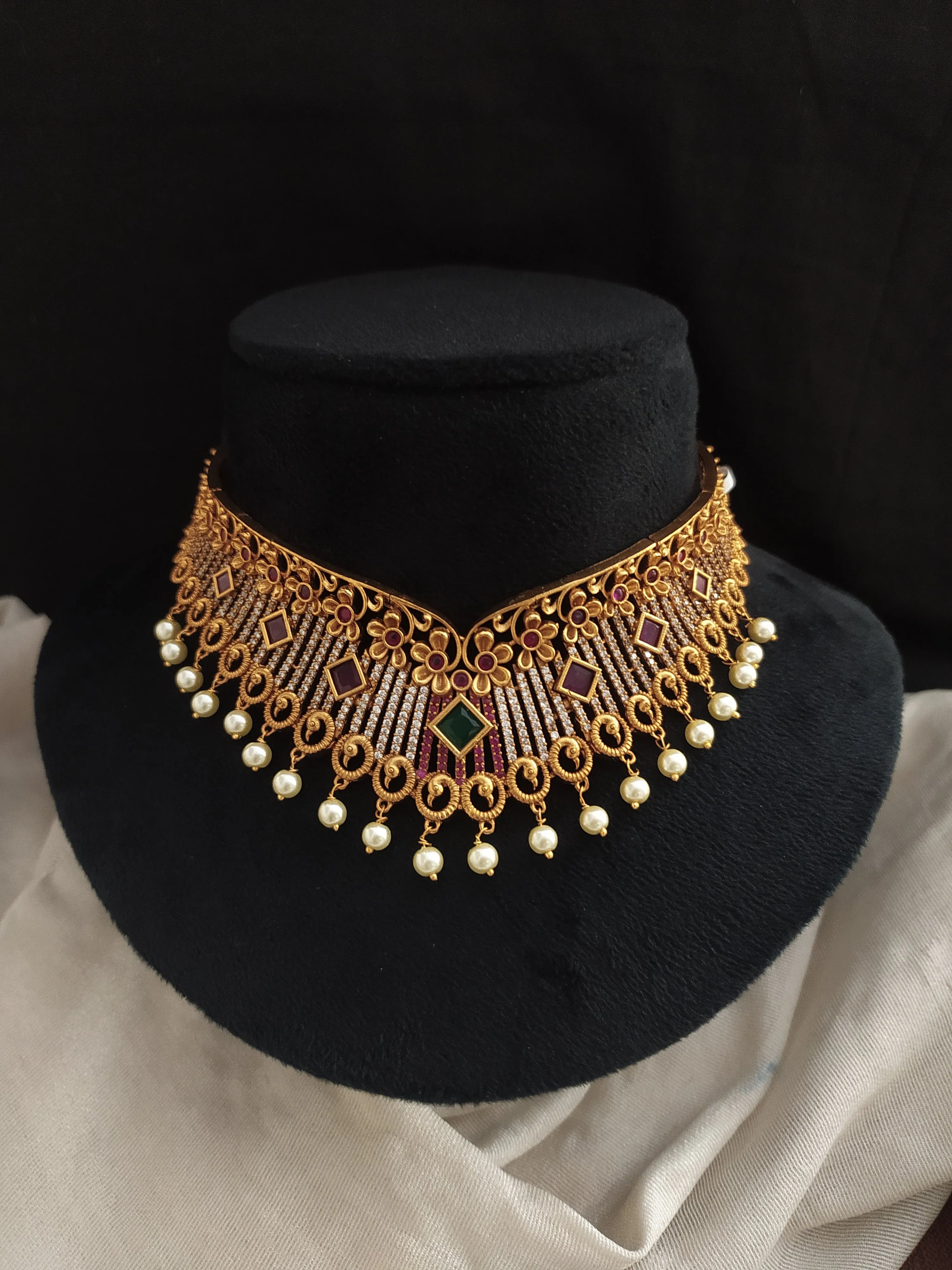 Antique Floral Zircon Choker Set with Matching Jhumki & Pearl Drops