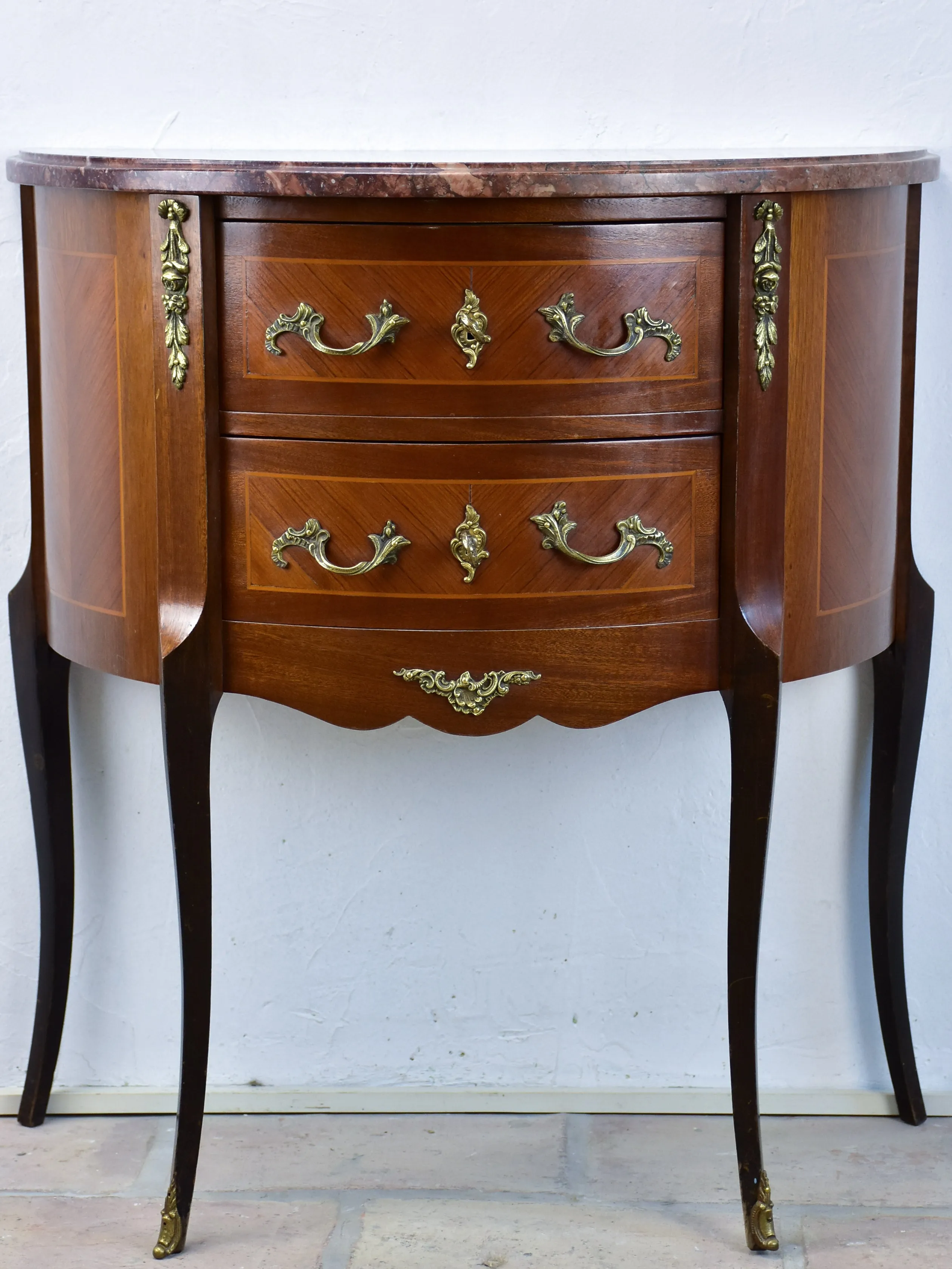 Antique French demilune commode with marble top