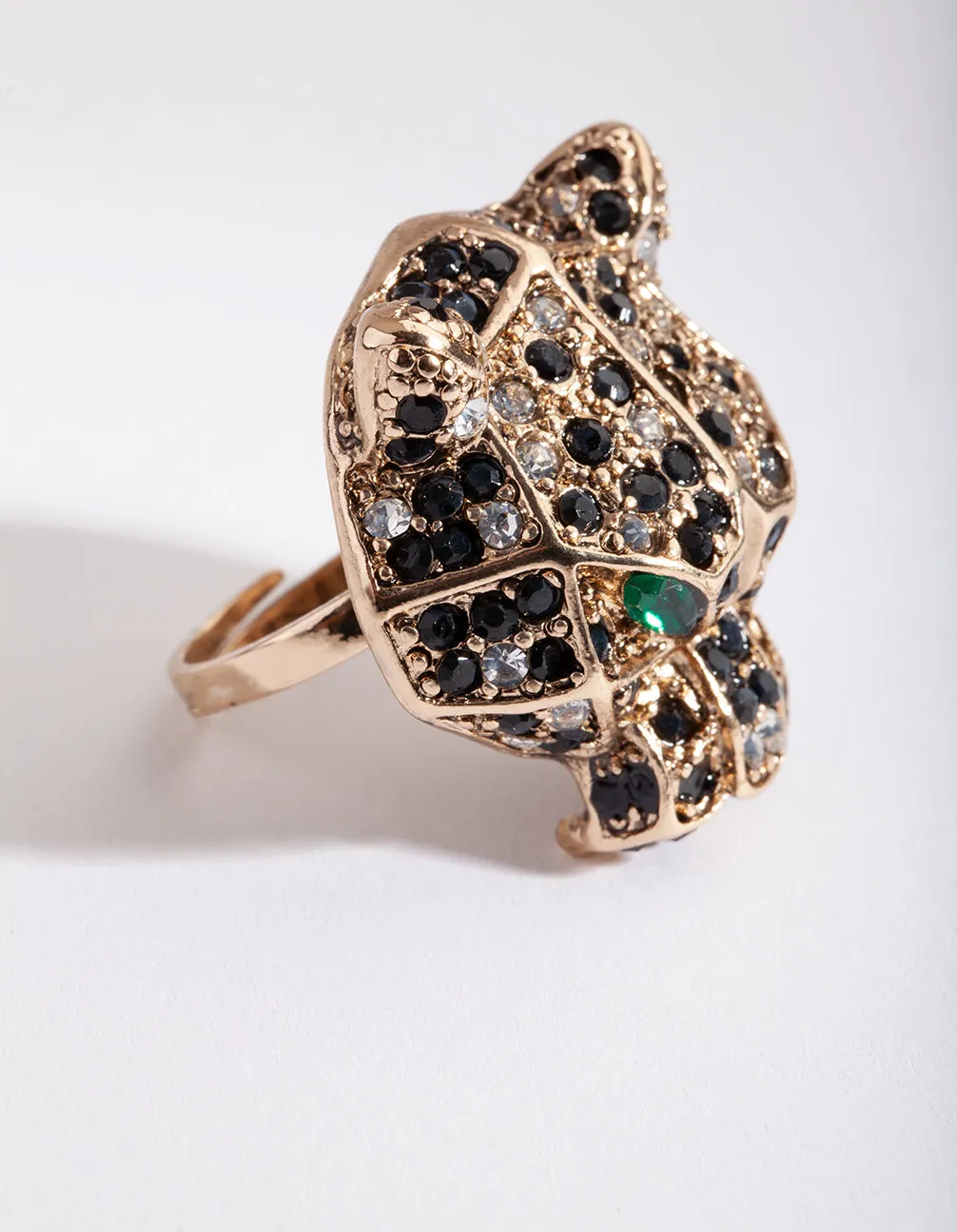 Antique Gold Green Diamante Leopard Ring