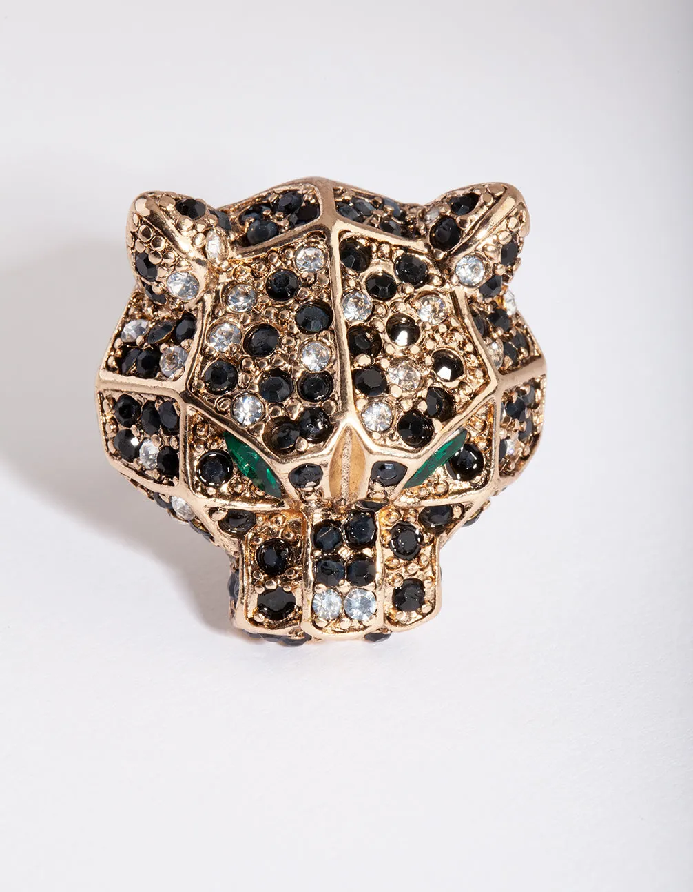 Antique Gold Green Diamante Leopard Ring