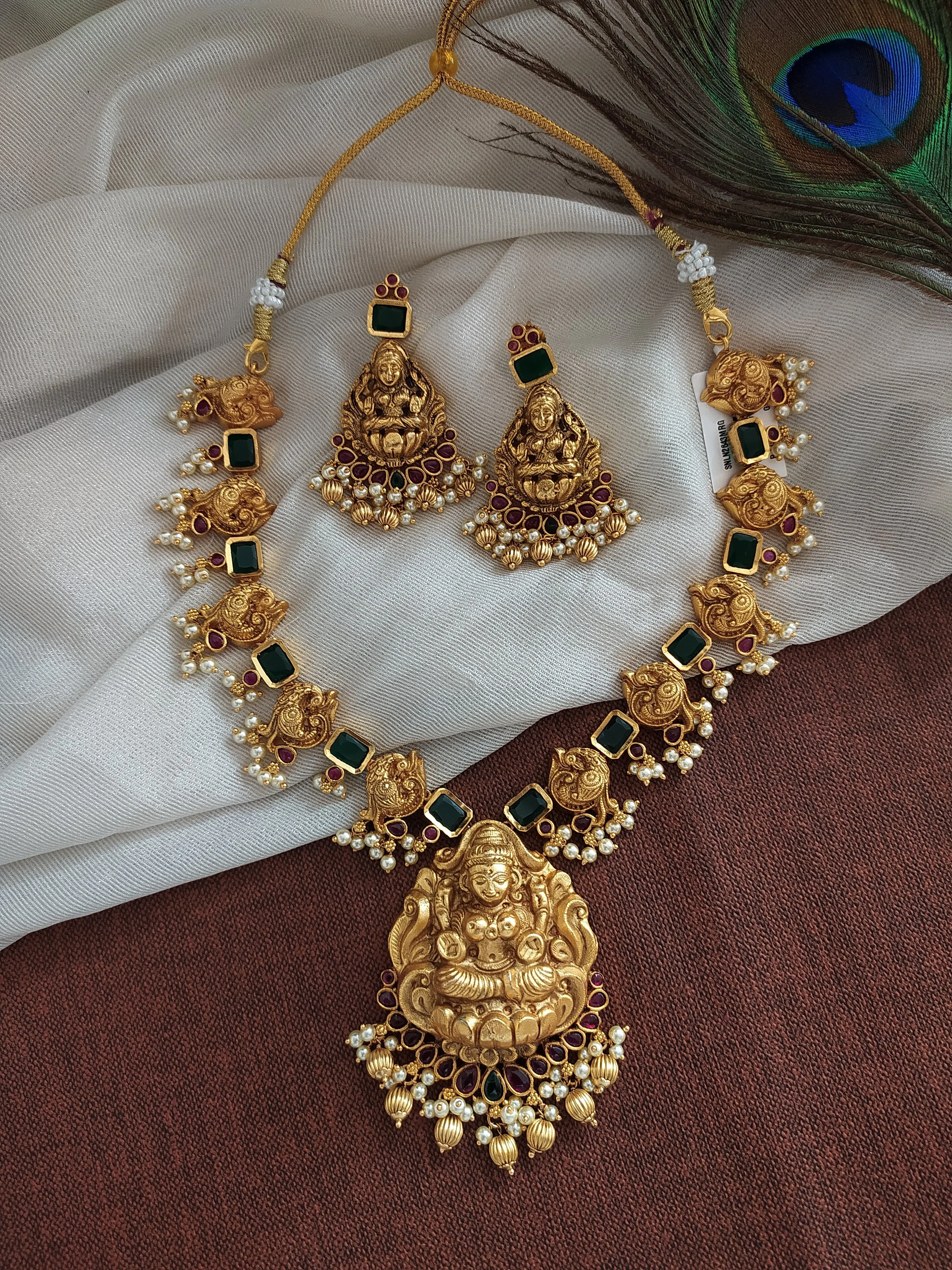 Antique Gold-plated Necklace With Lord Lakshmi & Small Pearls in Red, Green Color