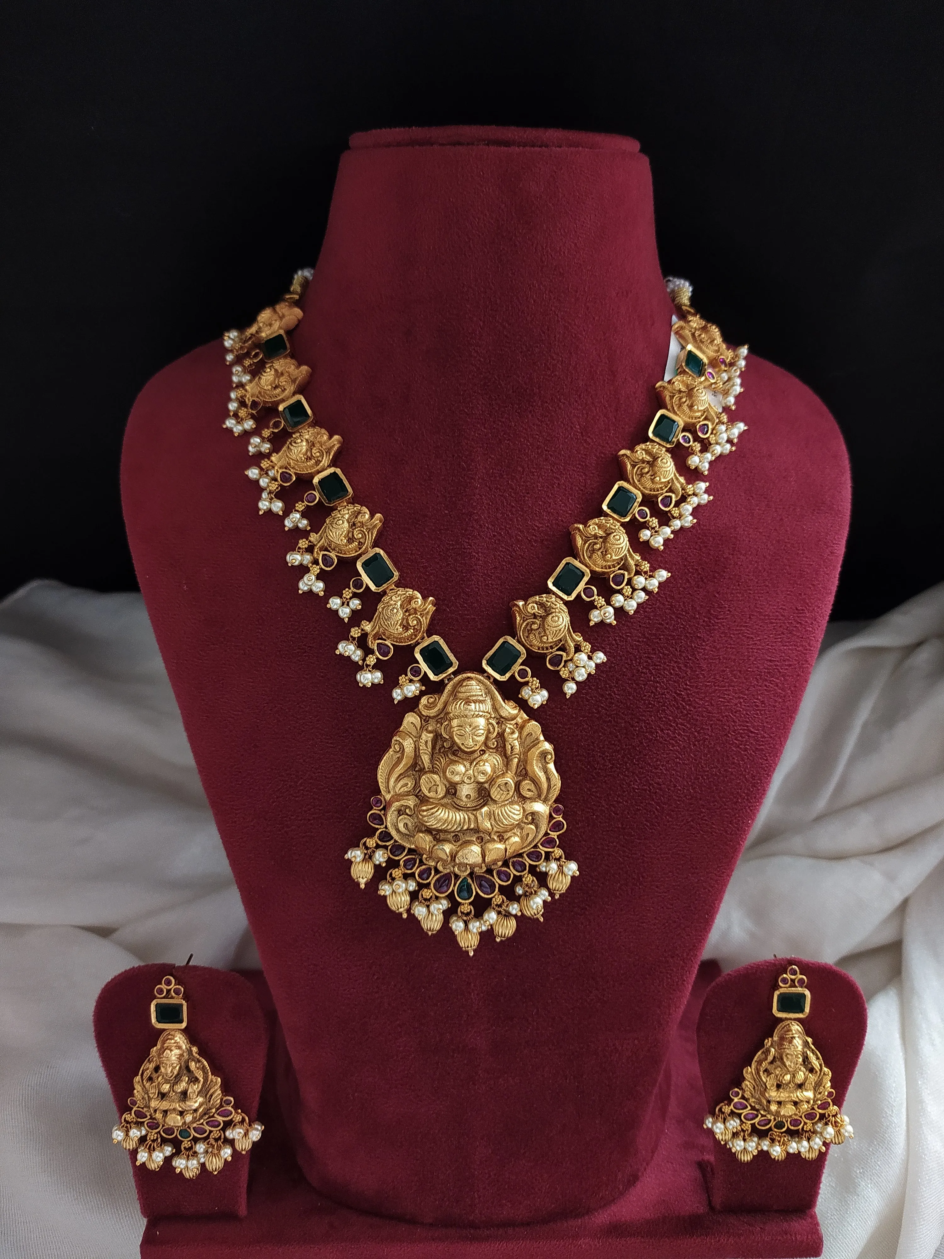 Antique Gold-plated Necklace With Lord Lakshmi & Small Pearls in Red, Green Color