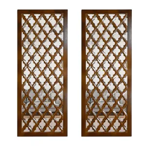 ANTIQUE HOUSE IN Rectangular Decorative Hand Crafted Wooden Wall Mount Mirror Panel for Living Room | Modern Wall Panels | Wall Décor, 30 x 12 inch, Brown (Pack of 2)