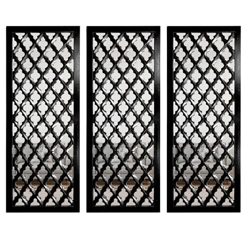 ANTIQUE HOUSE IN Wall Mirror Decor Panel Wooden Hanging Jharokha Rectangular Wall Decor Frame for Living Room, Bed Room 30 X 12 Inch, Black (Pack of 3)